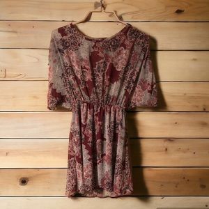 My Beloved Deep Wine Red Floral Paisley Print Scoop Neck Tunic Dress Size Small